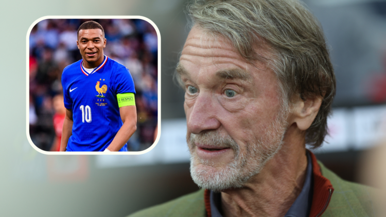 Sir Jim Ratcliffe being interviewed. Inset, Kylian Mbappe playing for France