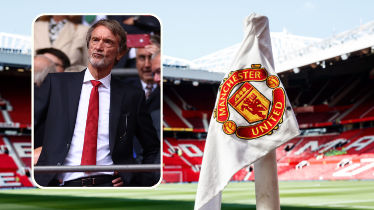 Manchester United badge on corner flag at Old Trafford. Inset, Sir Jim Ratcliffe thinks