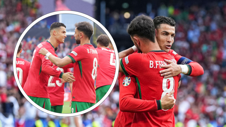 Cristiano Ronaldo hugs Bruno Fernandes after Portugal goal at Euro 2024, inset, Ronaldo and Fernandes celebrate together