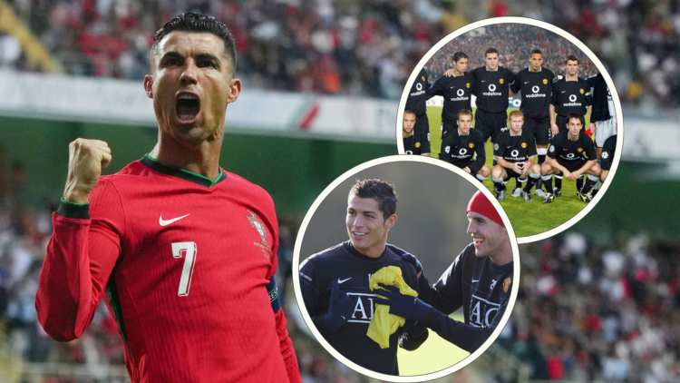 Cristiano Ronaldo celebrates goal for Portugal. Inset, Man Utd wear black kit in 2004, Ronaldo in training with John O'Shea