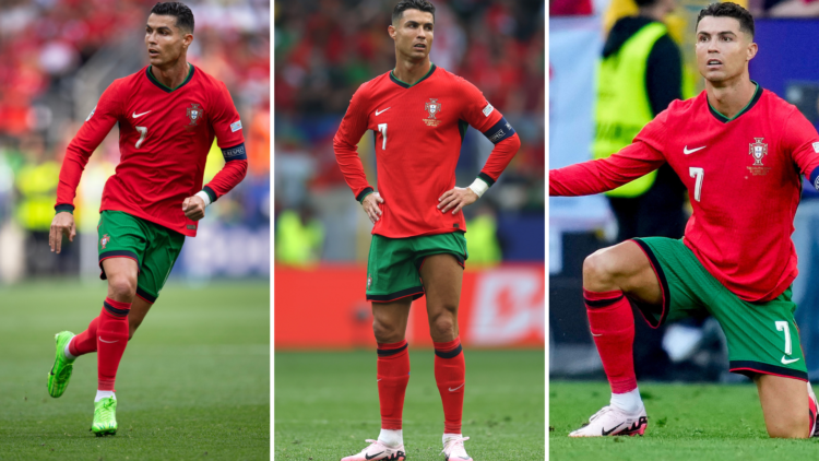 Triple image of Cristiano Ronaldo playing for Portugal, wearing different green and pink boots