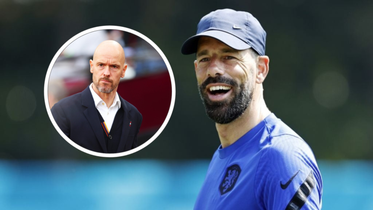 Ruud van Nistelrooy in Netherlands coaching top. Erik ten Hag in suit, inset