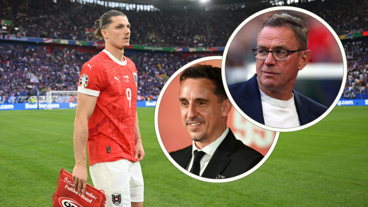 Marcel Sabitzer leads Austria out at Euro 2024. Insets, headshots of Gary Neville, Ralf Rangnick