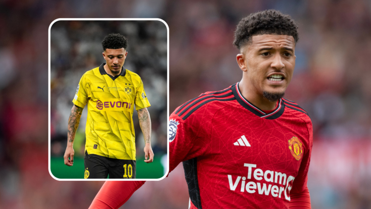 Jadon Sancho playing for Manchester United. Inset, dejected for Dortmund