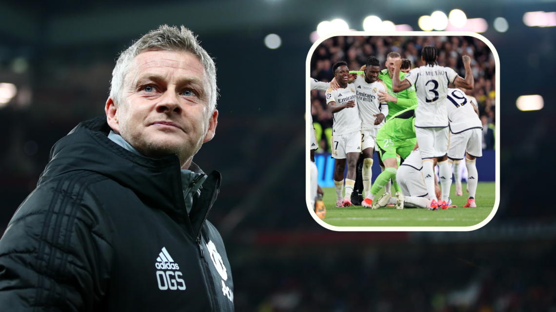 Ole Gunnar Solskjaer looks up at Old Trafford crowd, inset, Real Madrid players celebrate winning 2024 Champions League