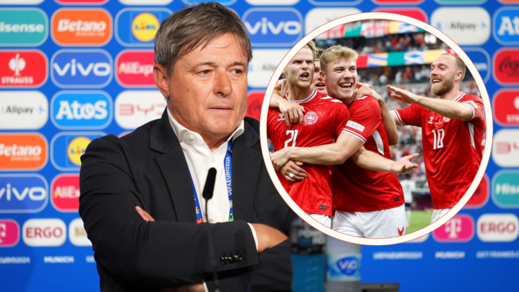 Serbia manager Dragan Stojkovic folds his arms at press conference. Inset, Christian Eriksen and Rasmus Hojlund celebrate Denmark goal