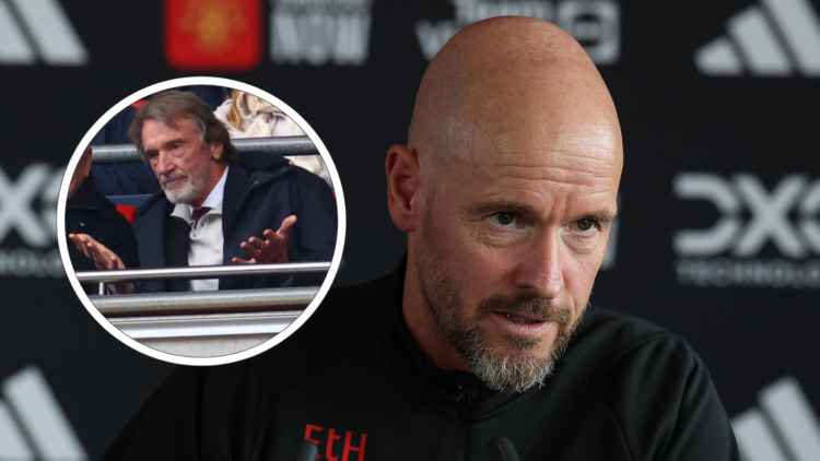 Erik ten Hag speaks at press conference. Inset, Sir Jim Ratcliffe annoyed