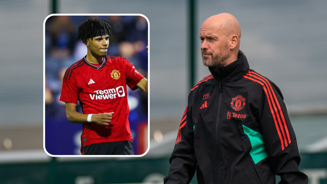 Erik ten Hag at Carrington wearing training tracksuit. Inset, Ethan Williams celebrates