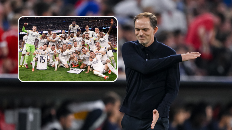 Thomas Tuchel throws his arms and grimaces in anger. Inset, Real Madrid squad celebrate