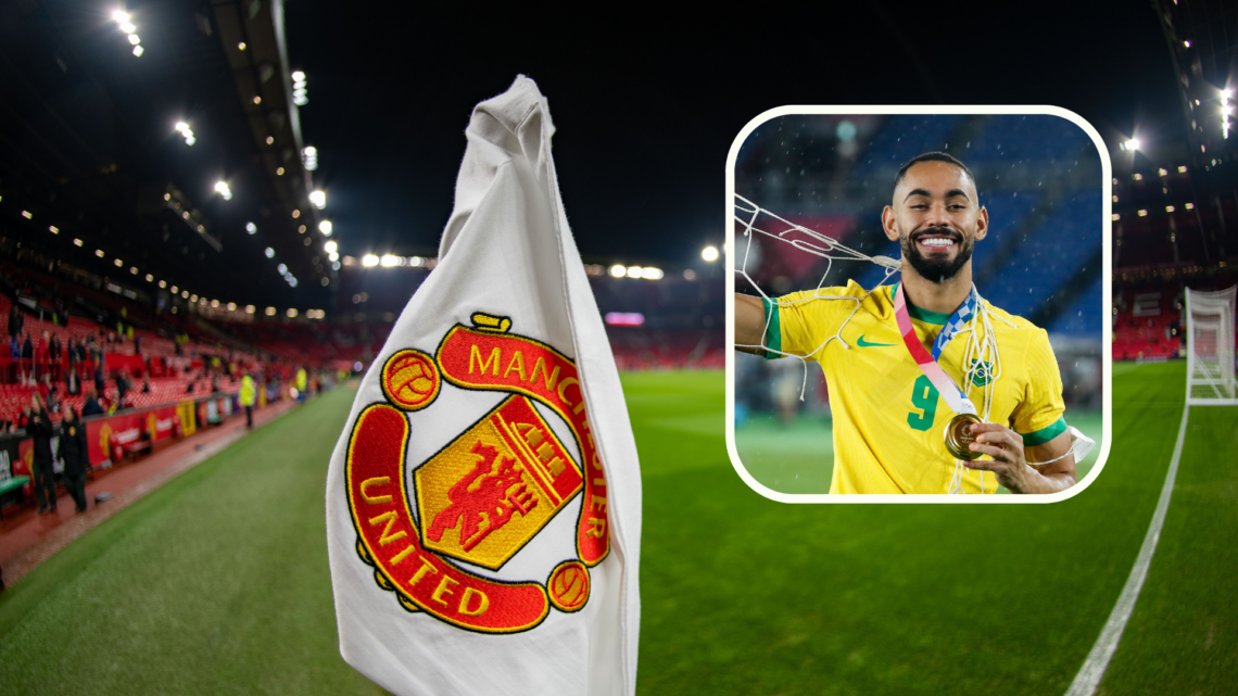 Manchester United general interior of Old Trafford with badge on corner flag, inset Matheus Cunha celebrates Brazil Olympic win