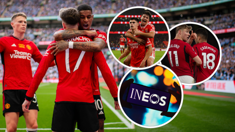 Alejandro Garnacho and Marcus Rashford celebrate, inset, Joao Neves and Antonio Silva, inset, Rasmus Hojlund and Casemiro, inset, Ineos logo