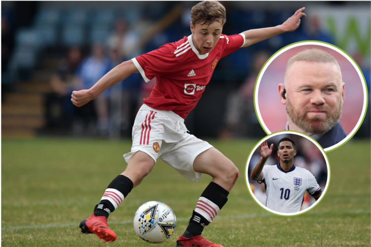 Amir Obragimov of Manchester United strikes a football, Jude Bellingham features for England, Wayne Rooney looks on