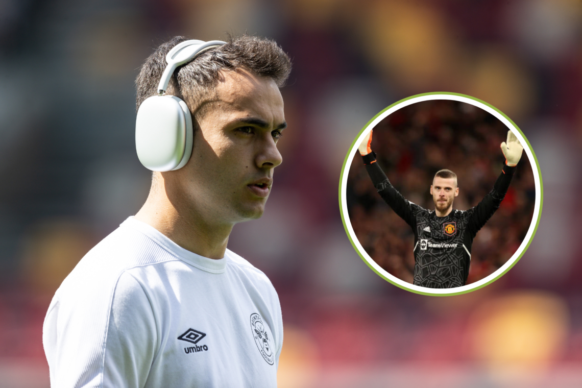 Sergio Reguilon looks on for Brentford whilst wearing headphones, David de Gea holds arms up for Manchester United