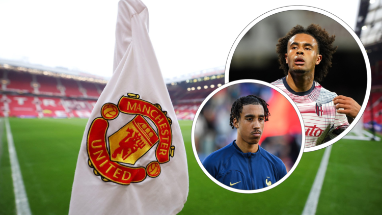 Manchester United corner flag at Old Trafford. Inset front: Lent Yoro stares on during French anthem for U23 national game. Inset back: Joshua Zirk...