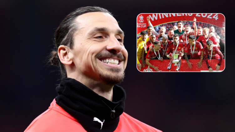 Zlatan Ibrahimovic smiles. Inset, Manchester United players celebrate FA Cup win
