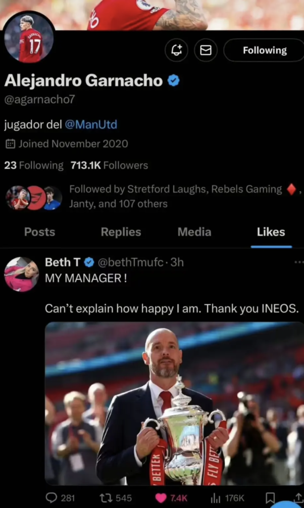 Alejandro Garnacho’s X account liked a tweet about Erik ten Hag from The United Stand’s Beth Tucker. Credit: Instagram