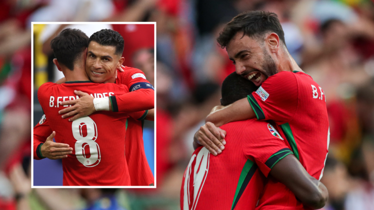 DORTMUND, GERMANY - 2024/06/22: Bruno Fernandes of Portugal (R) celebrates with teammate after scoring a goal during the UEFA EURO 2024 Final match...