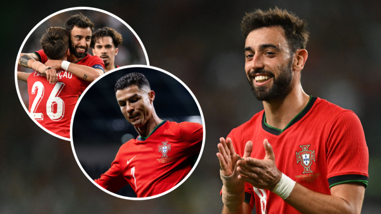 Portugal's midfielder Bruno Fernandes celebrates after scoring during the international friendly match between Portugal and Finland at the Alvalade...
