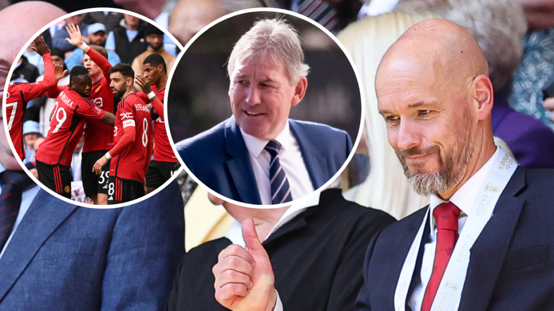 Erik ten Hag, manager of Manchester United, celebrates after the Emirates FA Cup final match between Manchester City and Manchester United at Wembl...