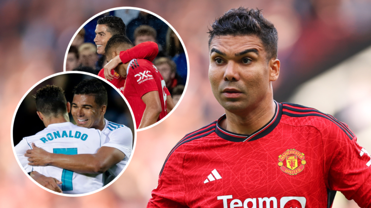 Casemiro of Manchester United during the Premier League match between Manchester United and Arsenal at Old Trafford on May 12, 2024, in Manchester,...