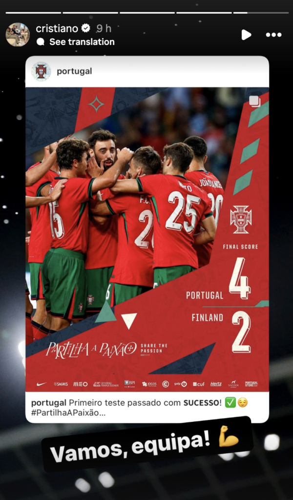 Manchester United legend Cristiano Ronaldo’s message after Portugal’s 4-2 win over Finland at the Estadio Jose Alvalade. Credit: Instagram