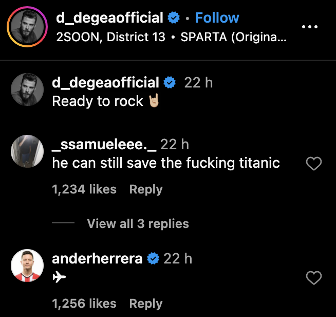 Athletic Bilbao midfielder Ander Herrera responds to Manchester United legend David de Gea on social media. Credit: Instagram