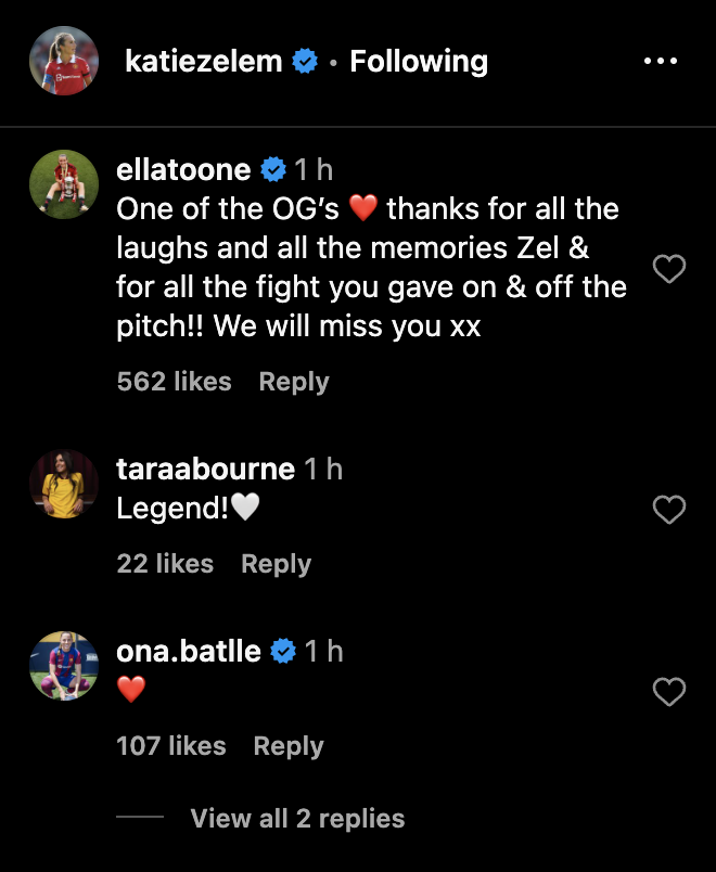Ella Toone’s message to Manchester United and England Women teammate Katie Zelem. Credit: Instagram