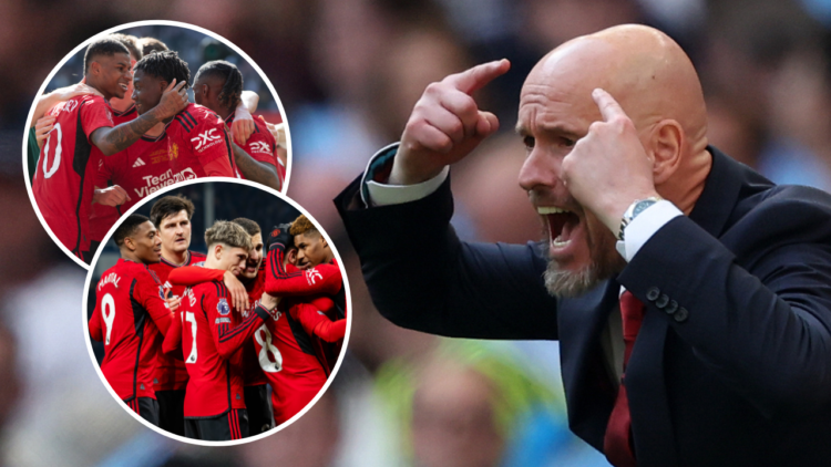 Erik ten Hag, manager of Manchester United, reacts during the Emirates FA Cup final match between Manchester City and Manchester United at Wembley ...