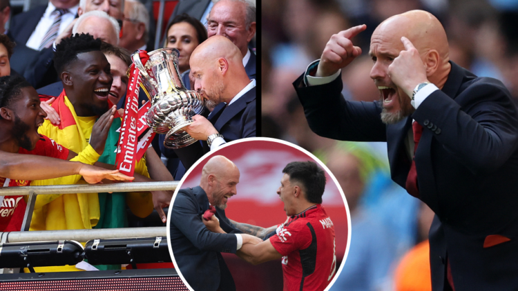 Erik ten Hag, manager of Manchester United reacts during the Emirates FA Cup final match between Manchester City and Manchester United at Wembley S...