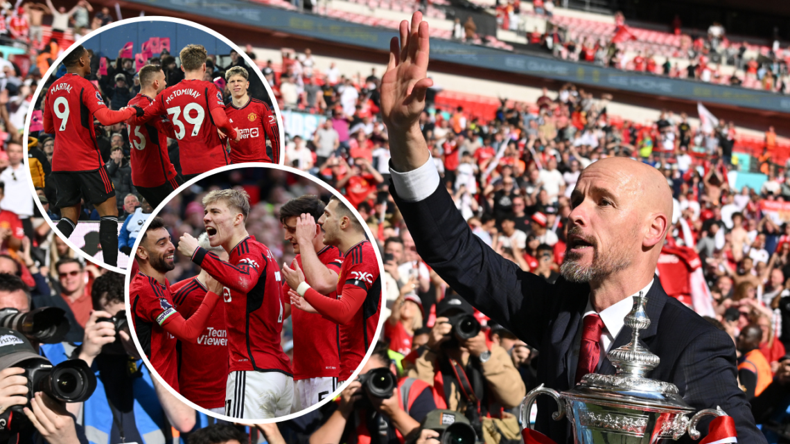 Erik ten Hag, manager of Manchester United, looks on with the FA Cup trophy after the Emirates FA Cup final match between Manchester City and Manch...