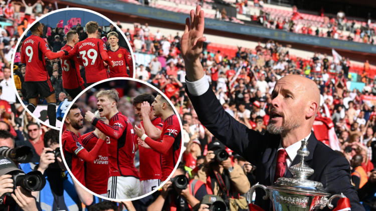 Erik ten Hag, manager of Manchester United, looks on with the FA Cup trophy after the Emirates FA Cup final match between Manchester City and Manch...