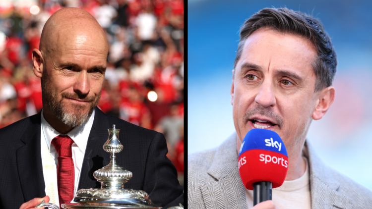 Gary Neville presenting for Sky Sports ahead of the Premier League match between Manchester City and West Ham United at Etihad Stadium on May 19, 2...