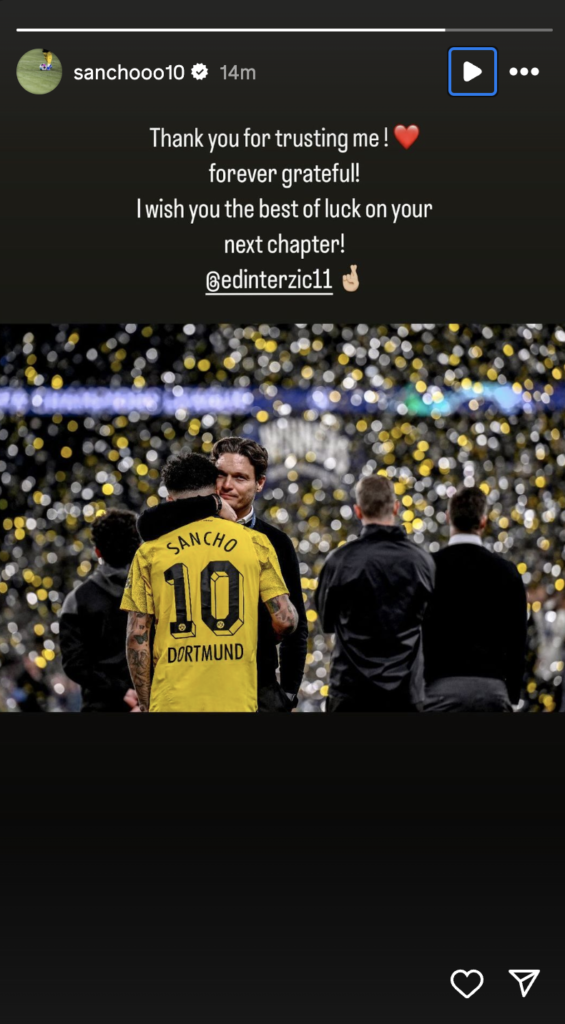 Manchester United player Jadon Sancho sends message to former Borussia Dortmund boss Edin Terzic. Credit: Instagram