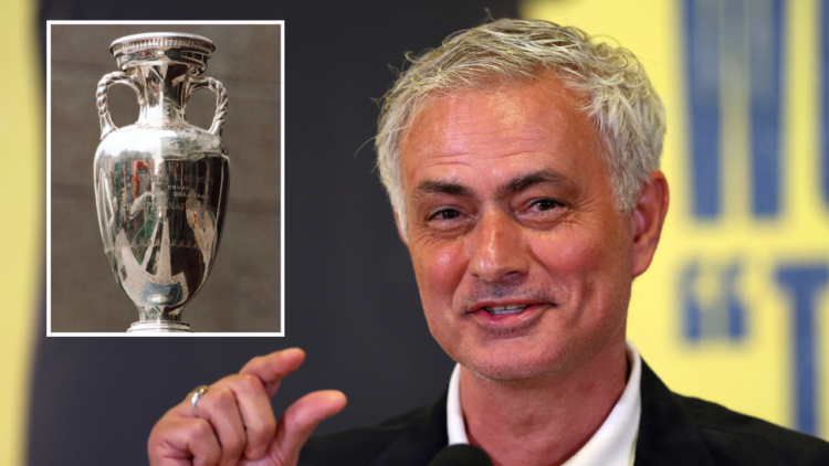 Fenerbahce's new coach Jose Mourinho answered questions at the press conference on June 3, 2024, in Istanbul, Turkey, including an overlay photo of...