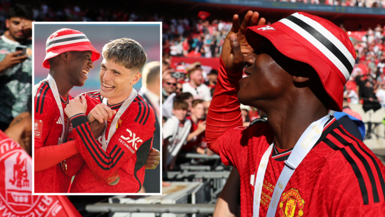 Kobbie Mainoo of Manchester United celebrates with the fans after the Emirates FA Cup final match between Manchester City and Manchester United at ...