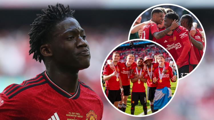 Kobbie Mainoo of Manchester United during the Emirates FA Cup final match between Manchester City and Manchester United at Wembley Stadium on May 2...