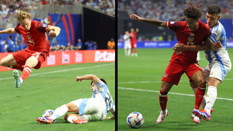 Canada's forward #17 Tajon Buchanan (L) fights for the ball with Argentina's defender #25 Lisandro Martinez during the Conmebol 2024 Copa America t...