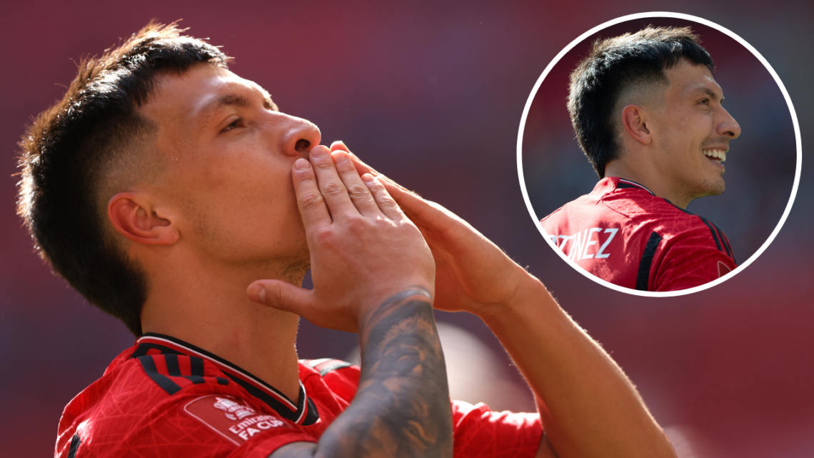 Lisandro Martinez of Manchester United celebrates following the team's victory in the Emirates FA Cup final match between Manchester City and Manch...