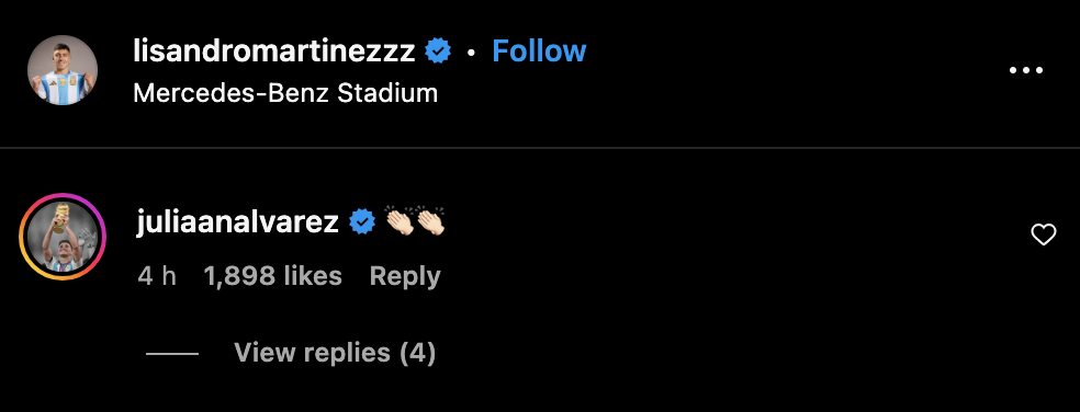 Julian Alvarez’s response to Lisandro Martinez’s message after Argentina’s win over Canada. Credit: Instagram