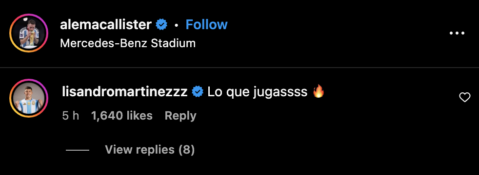 Lisandro Martinez’s message to Alexis Mac Allister after Argentina’s win over Canada at the 2024 Copa America. Credit: Instagram