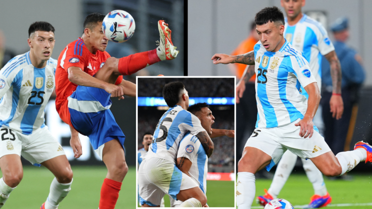 EAST RUTHERFORD, NEW JERSEY - JUNE 25: Lisandro Martinez of Argentina controls the ball during the CONMEBOL Copa America 2024 match between Chile a...