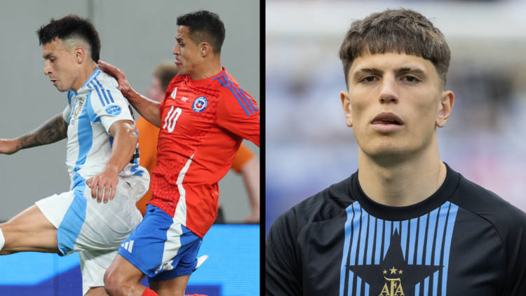 Argentina's defender #25 Lisandro Martinez and Chile's forward #10 Alexis Sanchez fight for the ball during the Conmebol 2024 Copa America tourname...