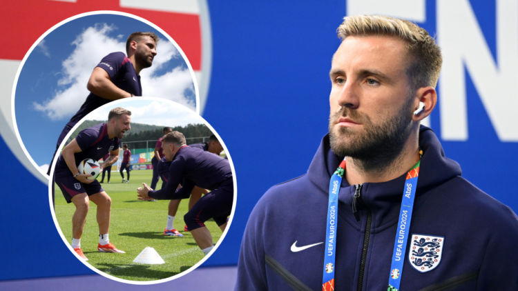 GELSENKIRCHEN, GERMANY - JUNE 16: Luke Shaw of England arrives at the stadium prior to the UEFA EURO 2024 group stage match between Serbia and Engl...