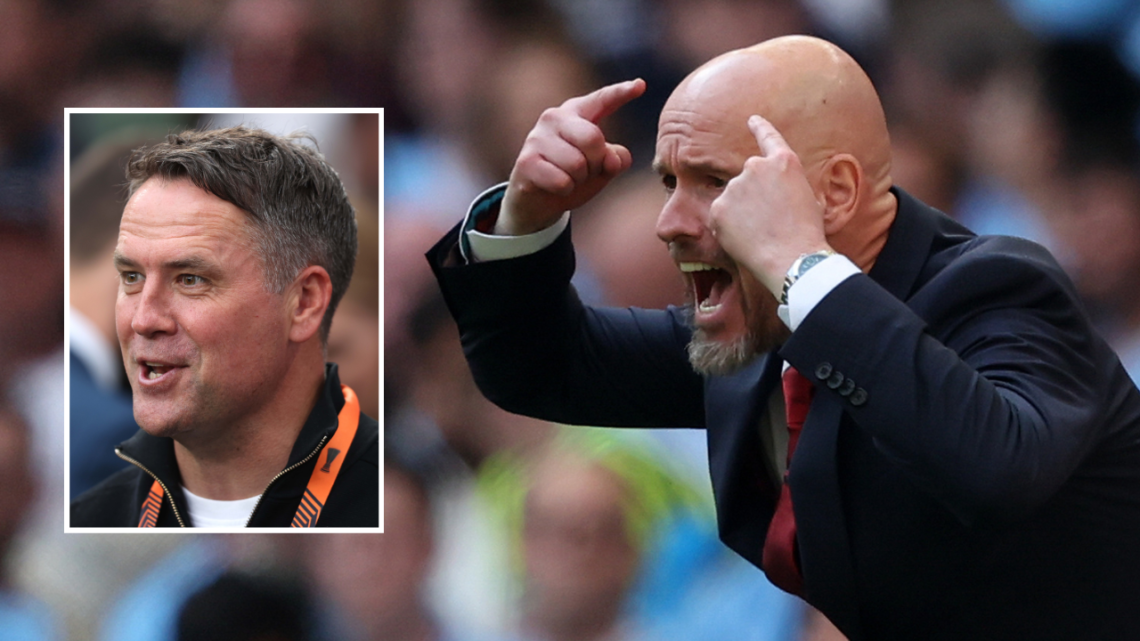 Erik ten Hag, manager of Manchester United, reacts during the Emirates FA Cup final match between Manchester City and Manchester United at Wembley ...