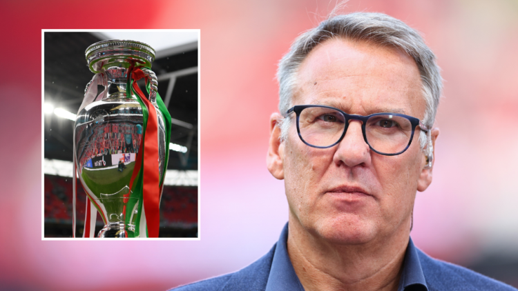 Paul Merson working as a pundit for Sky Sports ahead of the Premier League match between Manchester United and Arsenal at Old Trafford on May 12, 2...