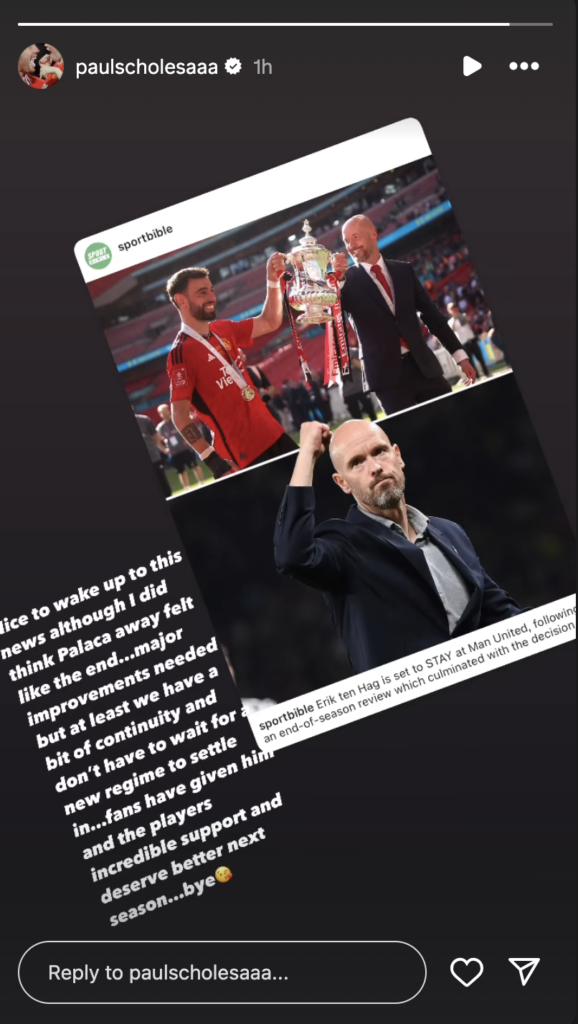 Paul Scholes reacts to the news that Erik ten Hag is expected to stay at Manchester United. Credit: Instagram