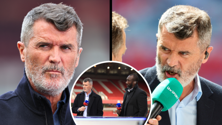 Ex-Manchester United skipper Roy Keane is seen presenting for ITV with presenter Mark Pougatch during the Emirates FA Cup final match between Manch...