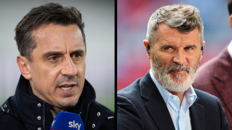 Ex-Manchester United skipper Roy Keane is seen presenting for ITV during the Emirates FA Cup final match between Manchester City and Manchester Uni...