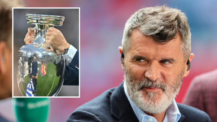Ex-Manchester United skipper Roy Keane is seen presenting for ITV during the Emirates FA Cup final match between Manchester City and Manchester Uni...
