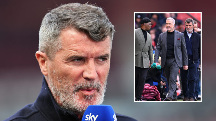 Roy Keane working as a pundit for Sky Sports ahead of the Premier League match between Manchester United and Arsenal at Old Trafford on May 12, 202...